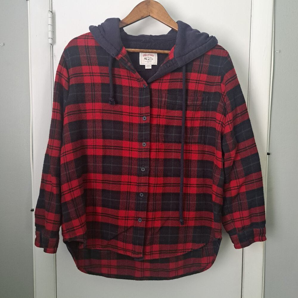 American Eagle Oversized Plaid Flannel Red/Navy Button Cabin Hoodie Women's Med